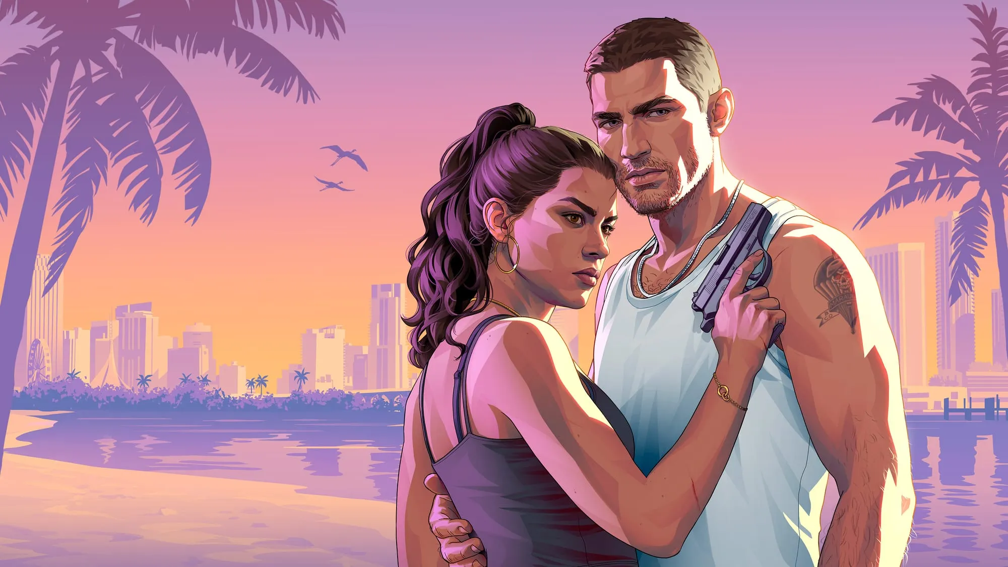 Official artwork of Jason and Lucia on the beach, with the Vice City bay behind them