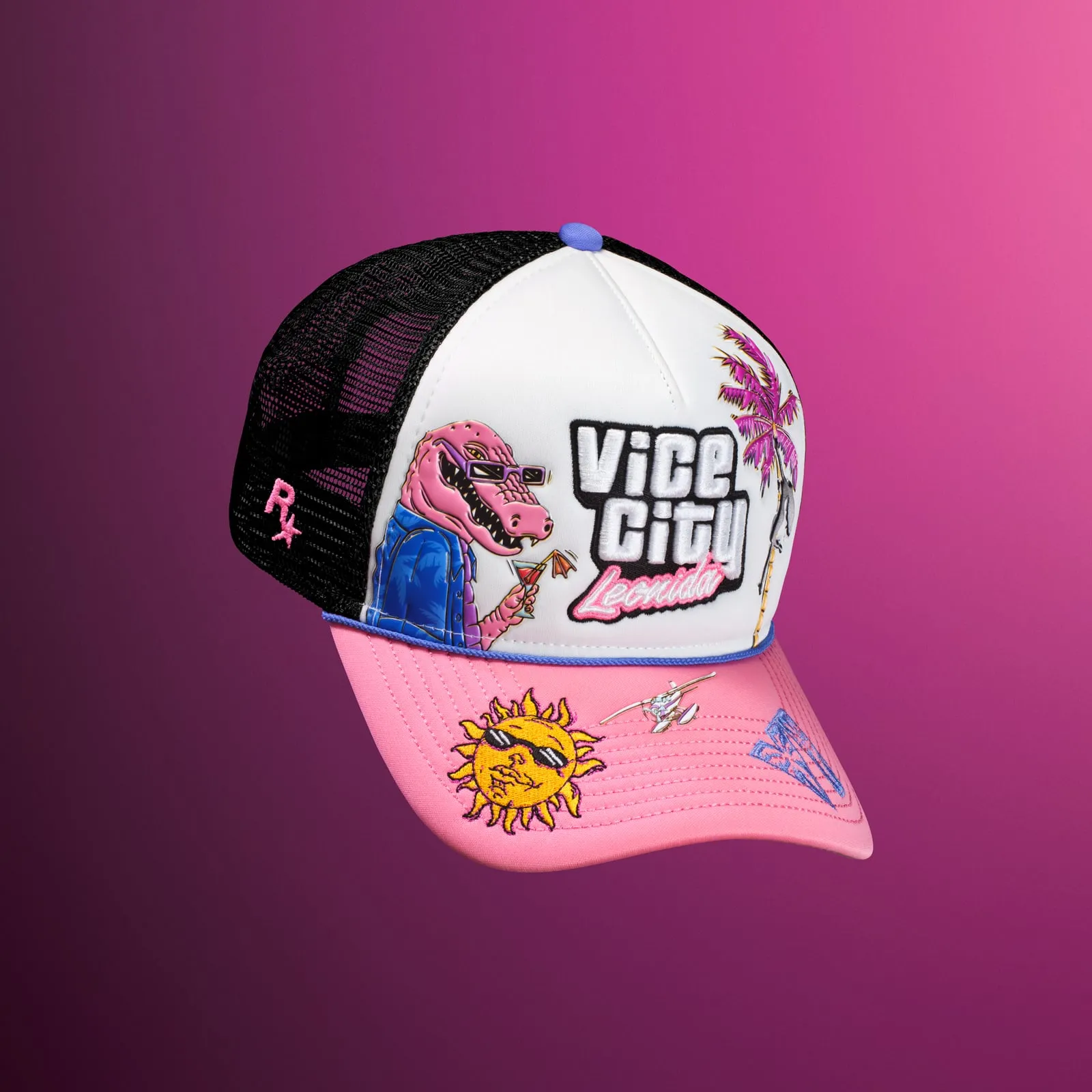 White cap with a pink peak and black mesh, showing the alligator, the sun in shades and the Vice City lettering