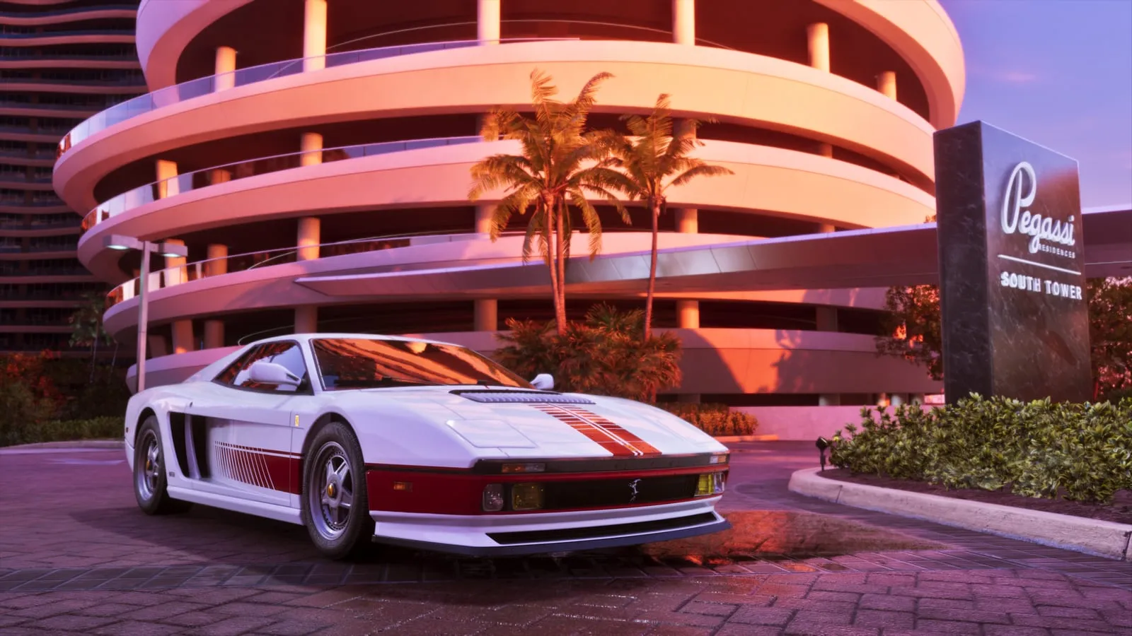 A white Grotti Cheetah with red stripes, parked in front of a curved Pegassi building with palm trees at sunset