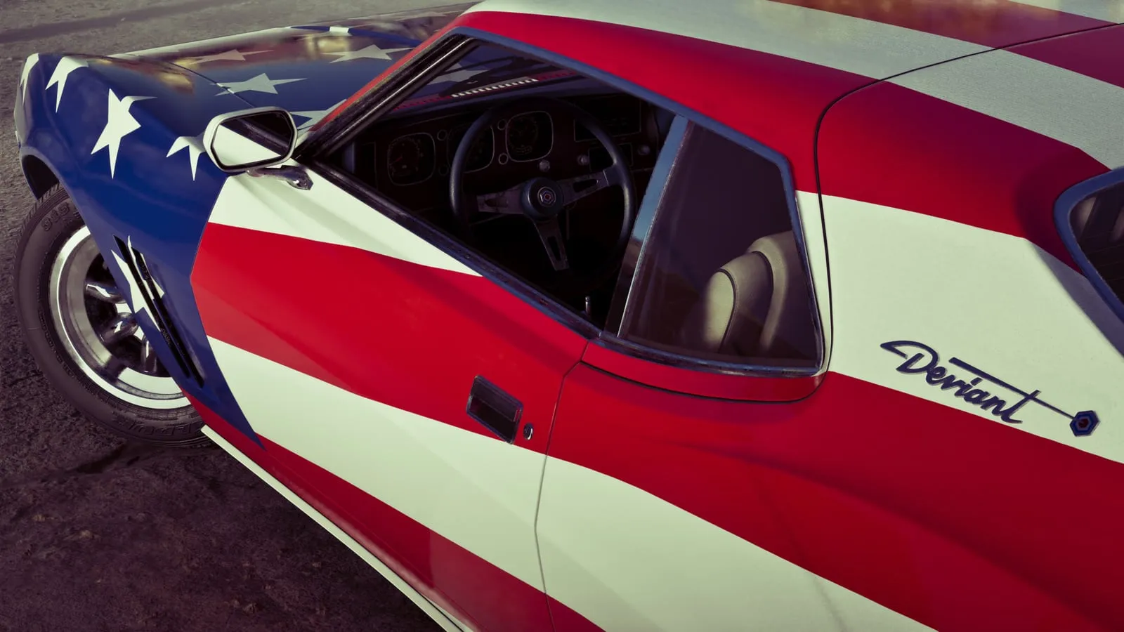 A muscle car in a red, white and blue stars-and-stripes livery
