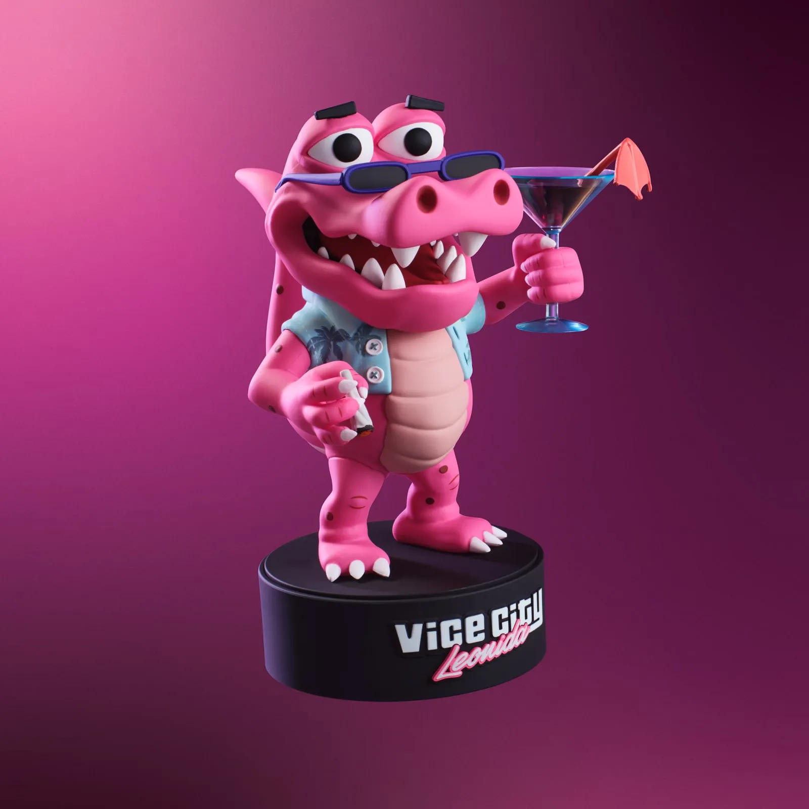 Figure of a pink alligator in sunglasses and a Hawaiian shirt holding a cocktail, on a black base with the Vice City lettering