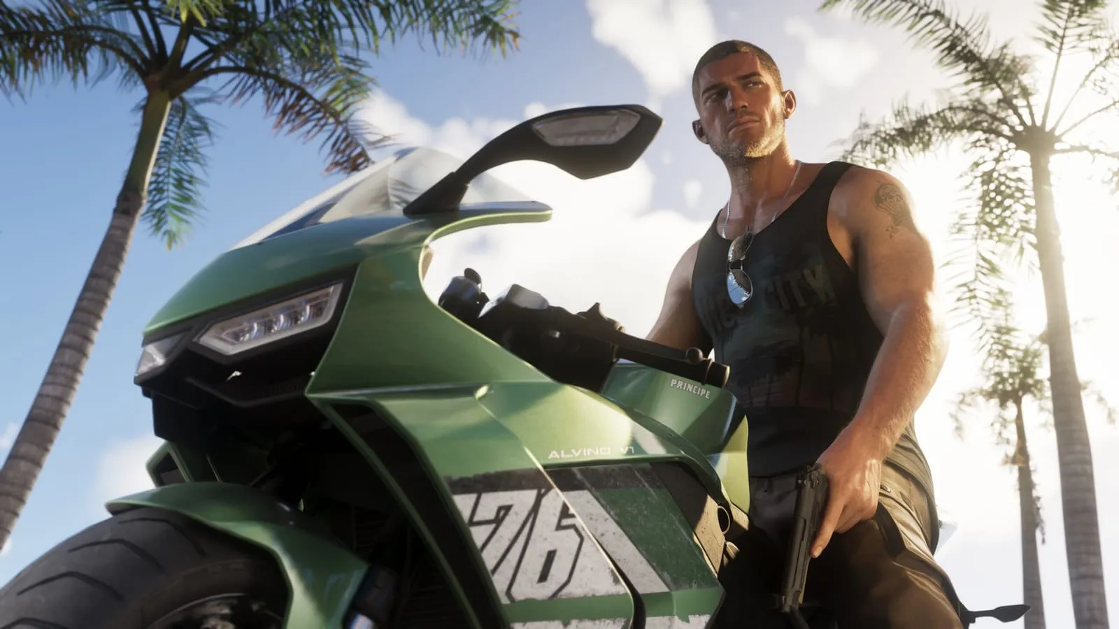 Jason beside a bike in the Keys, in broad daylight.