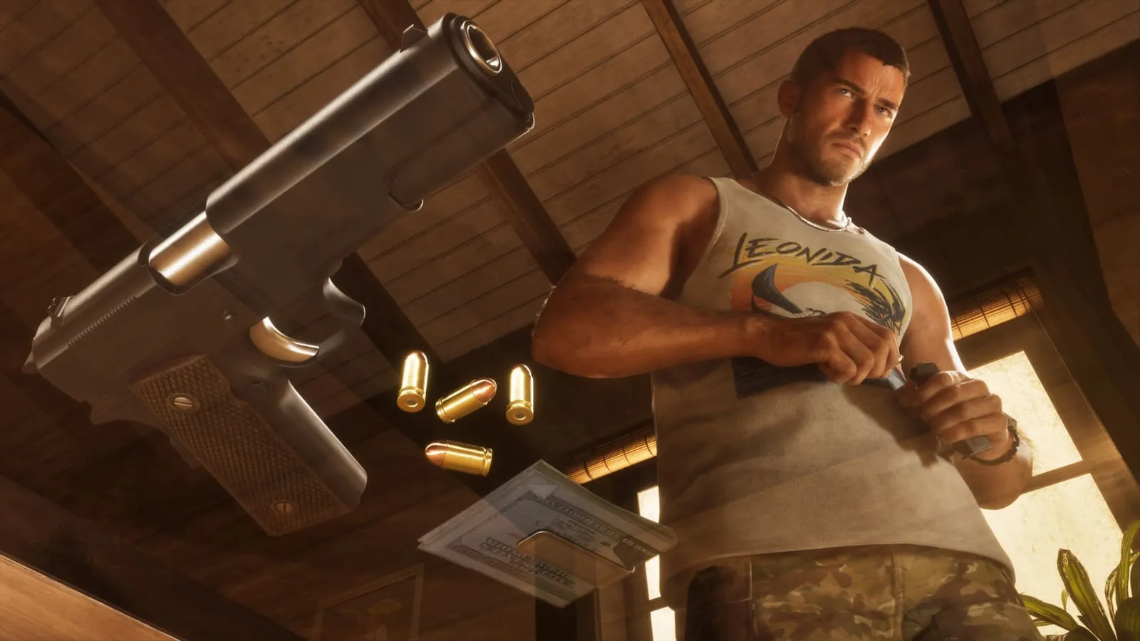 Indoors, with a weapon and spent casings on the table.