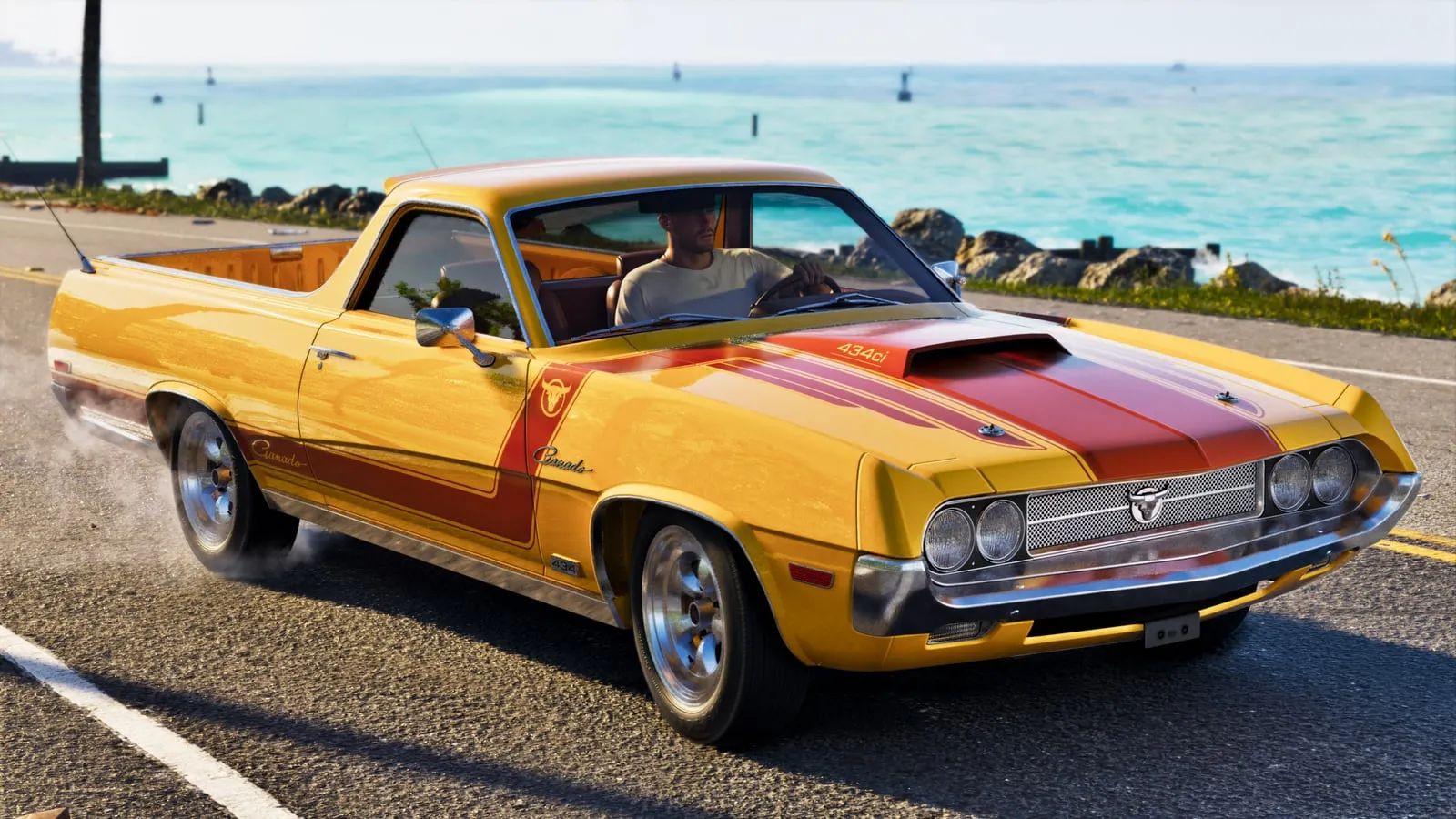 Jason's Vapid Ganado pickup, yellow with a red stripe, driving along a road by the sea