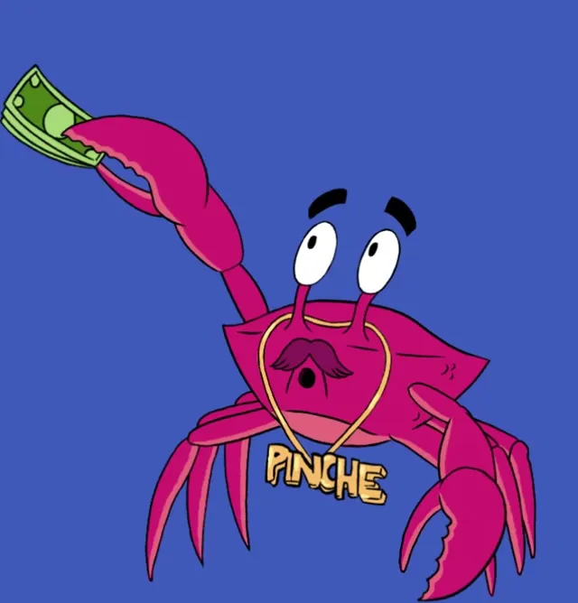 A pink crab in a gold chain holding a banknote in its claw