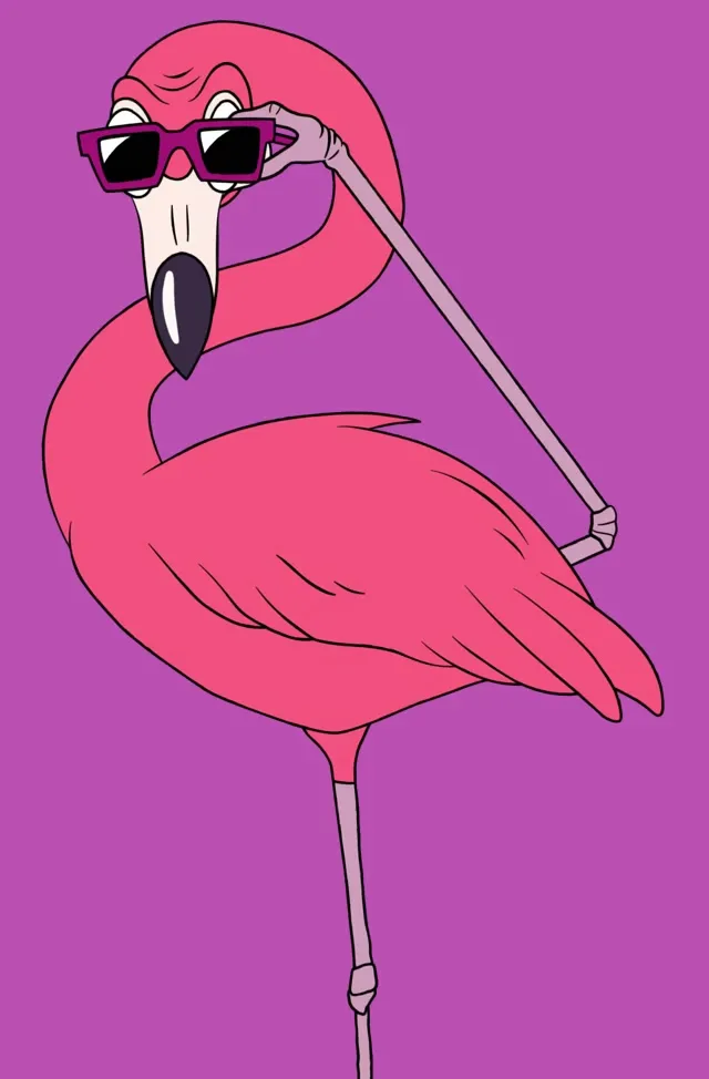 A pink flamingo lowering its sunglasses