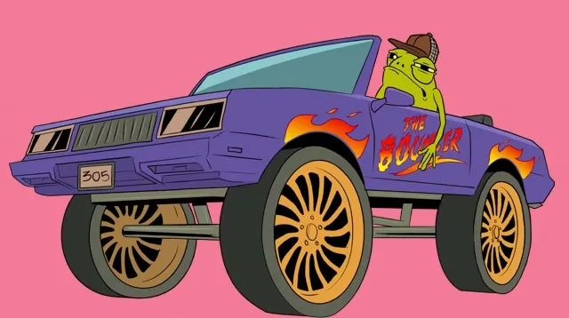 A purple lowrider with gold wheels and a green driver at the wheel