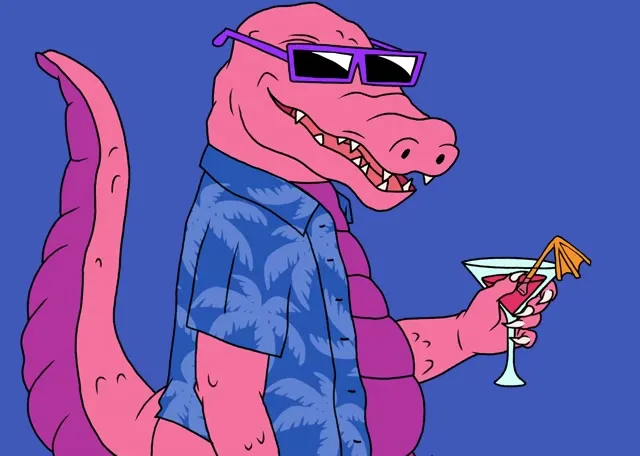 Macca, a pink alligator in sunglasses and a Hawaiian shirt, holding a cocktail