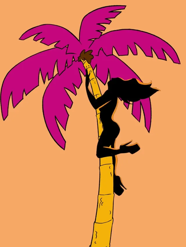 The silhouette of a woman dancing on a palm tree with fuchsia fronds
