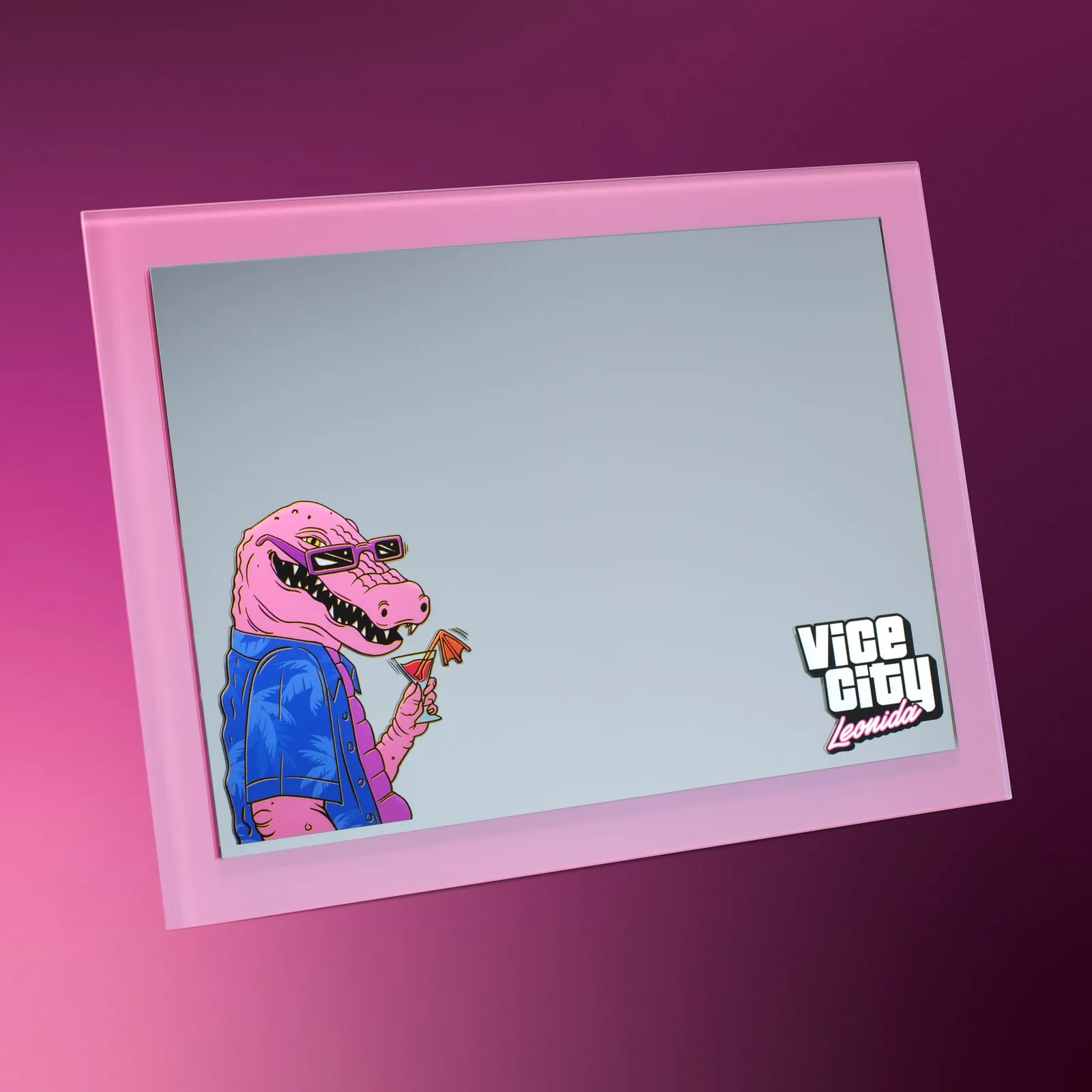 Rectangular mirror in a pink frame with the alligator in one corner and the Vice City lettering in the other