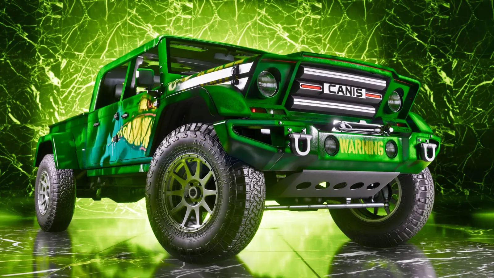 A bright green off-roader with hand-painted decoration, lit up inside a workshop