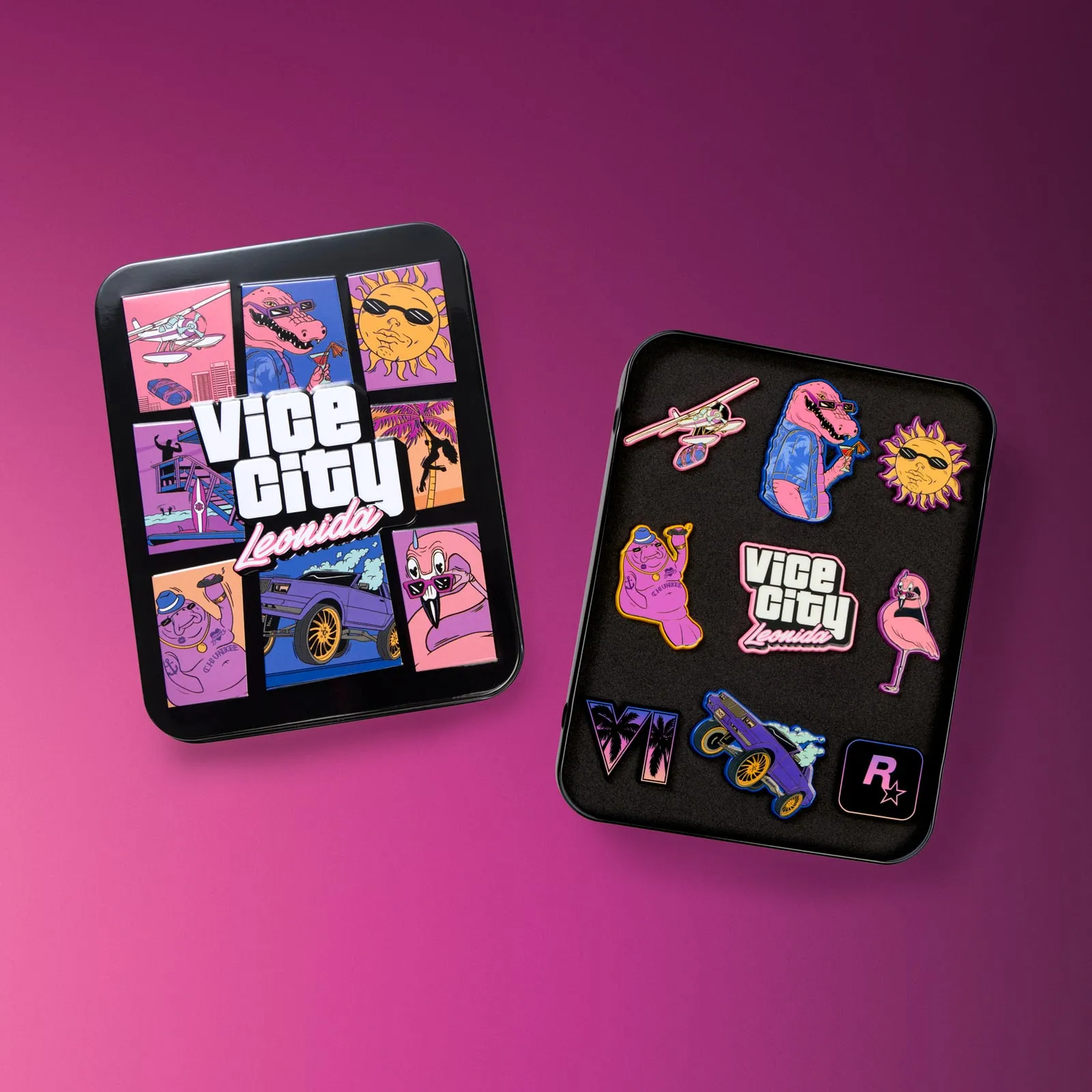 A metal tin with the Vice City artwork beside a sheet of pins of the alligator, the flamingo, the lowrider and the Rockstar logo
