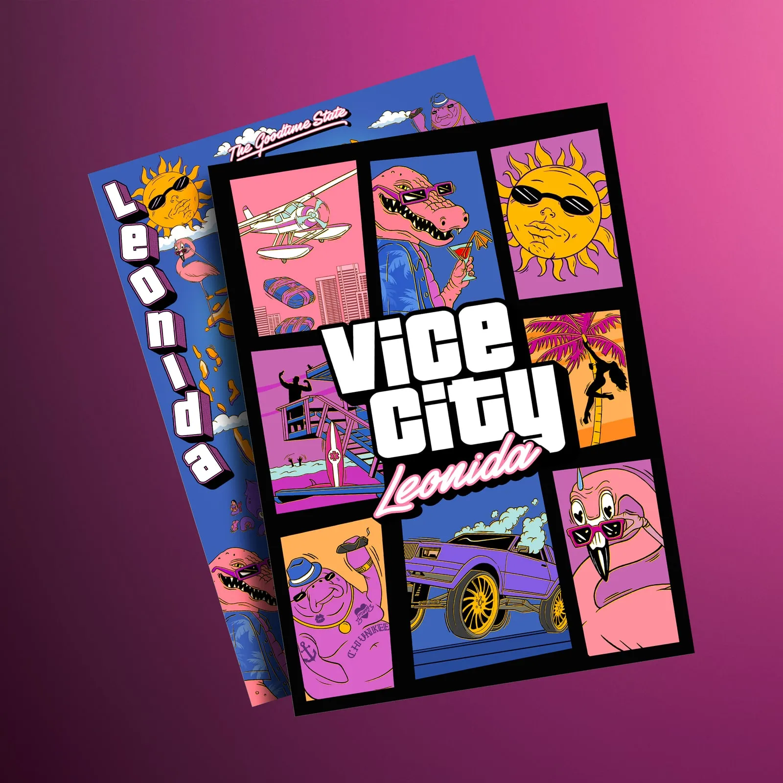 Two sheets of the poster, one on top of the other: in front, coloured panels of the characters around the Vice City Leonida lettering; behind, mostly hidden, a blue sheet with the Leonida lettering