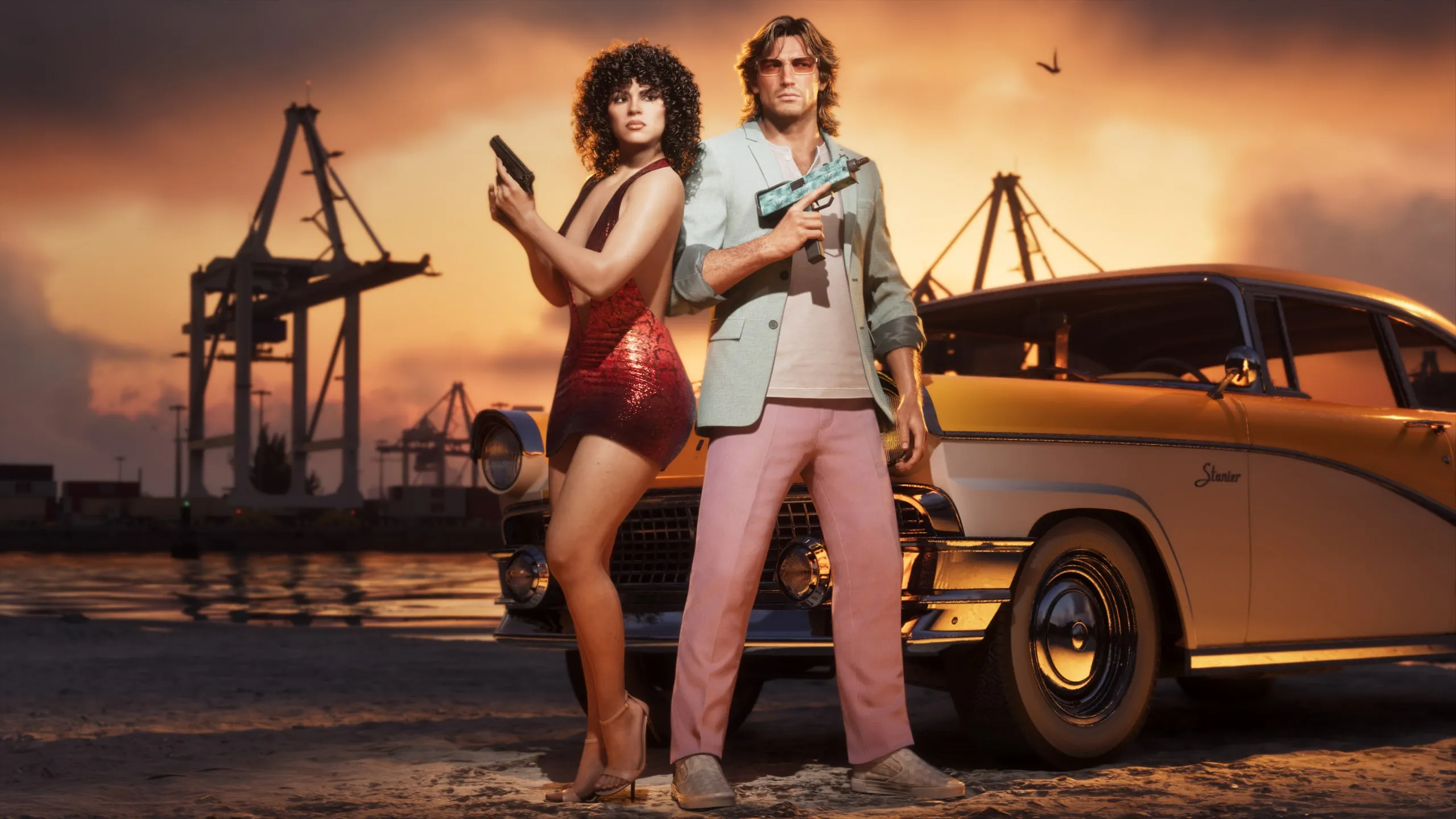 Lucia, in a red sequin mini dress, and Jason, in a pastel suit, posing armed beside a yellow and white '55 Vapid Stanier at a port at sunset
