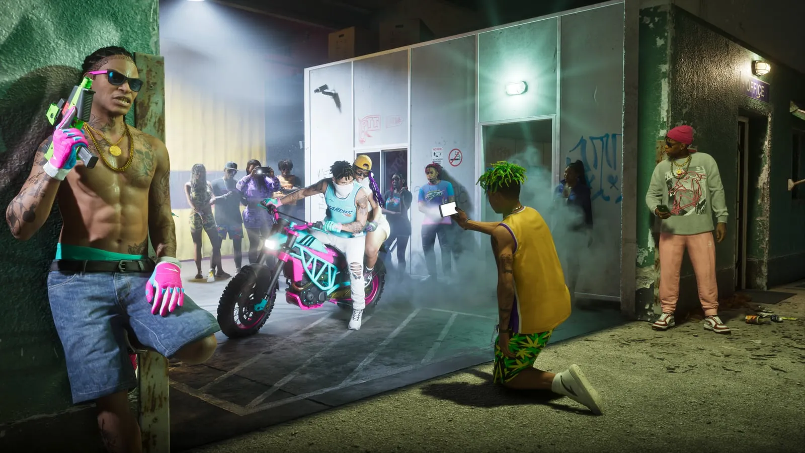 Members of the PTT Youngin$ gang gathered outside their store, two of them on a motorbike while another films them on a phone