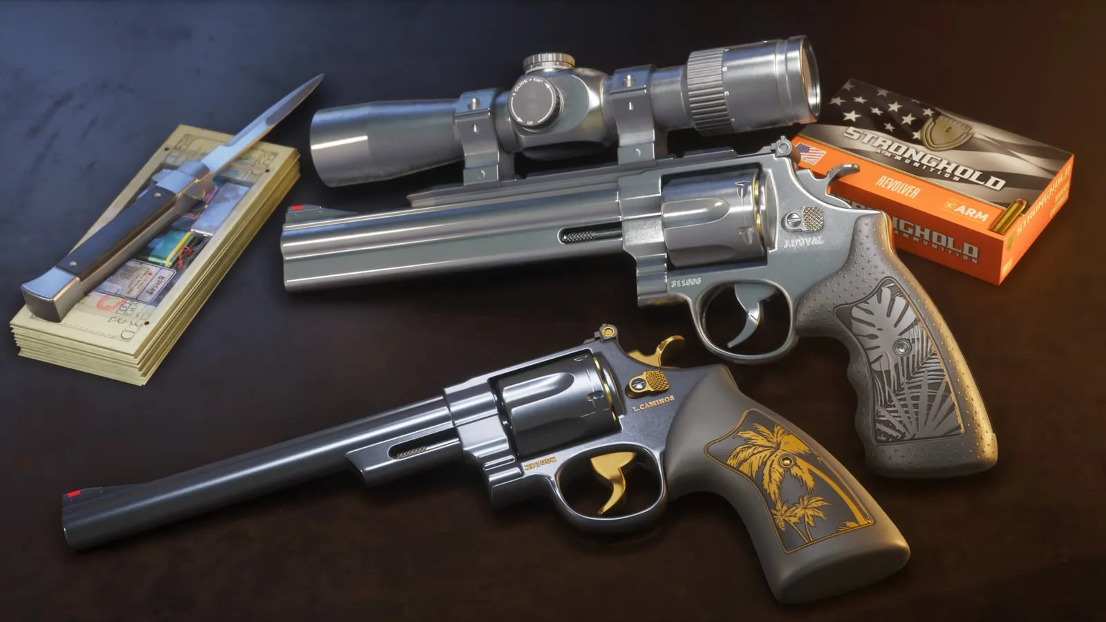Two silver revolvers with palm-tree carved grips, beside a switchblade and ammunition