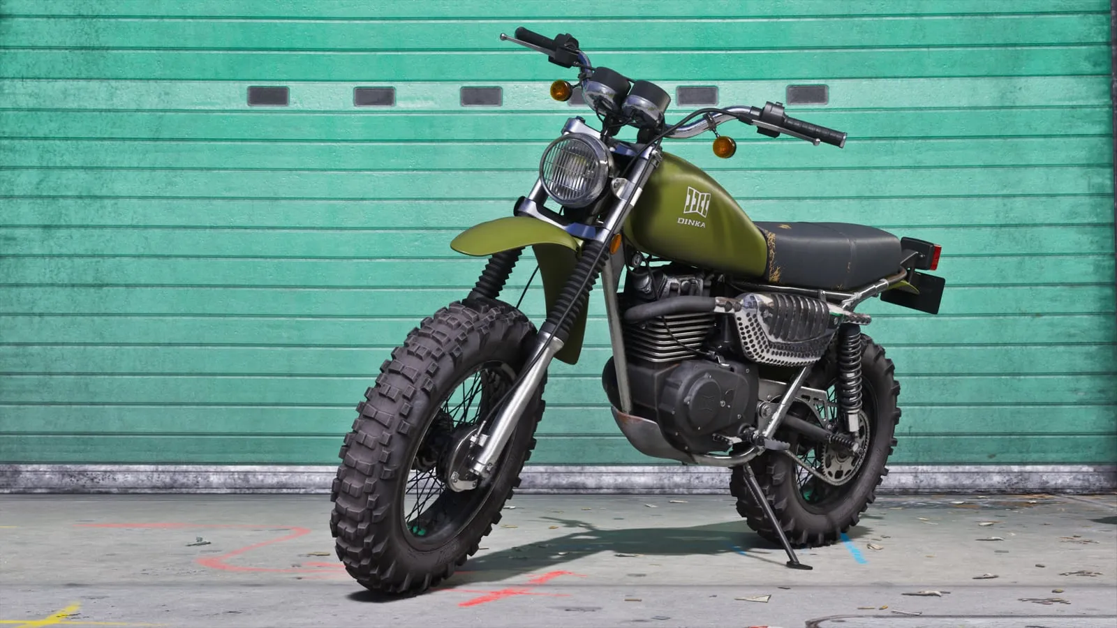 An olive-green Dinka Enduro motorbike parked in front of a garage shutter