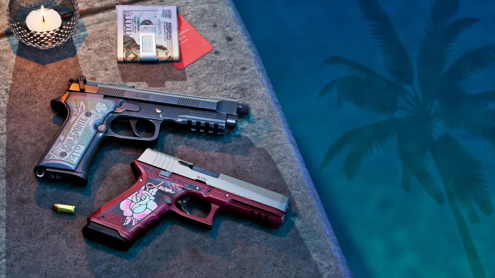 Two pistols with decorative engravings, one silver and one red, on the edge of a swimming pool