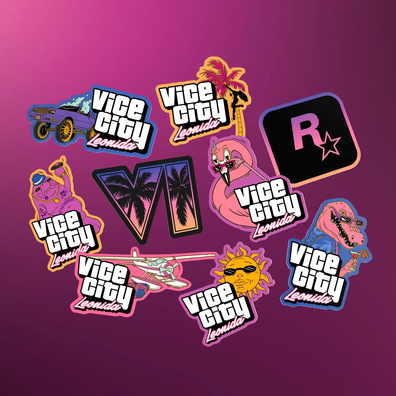 Vinyl stickers with the Vice City lettering, the alligator, the sun, the VI and the Rockstar logo
