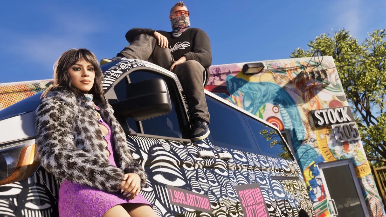 Lucia leaning on a graffiti-covered van outside the Stock 305 store, with Jason sitting on its roof
