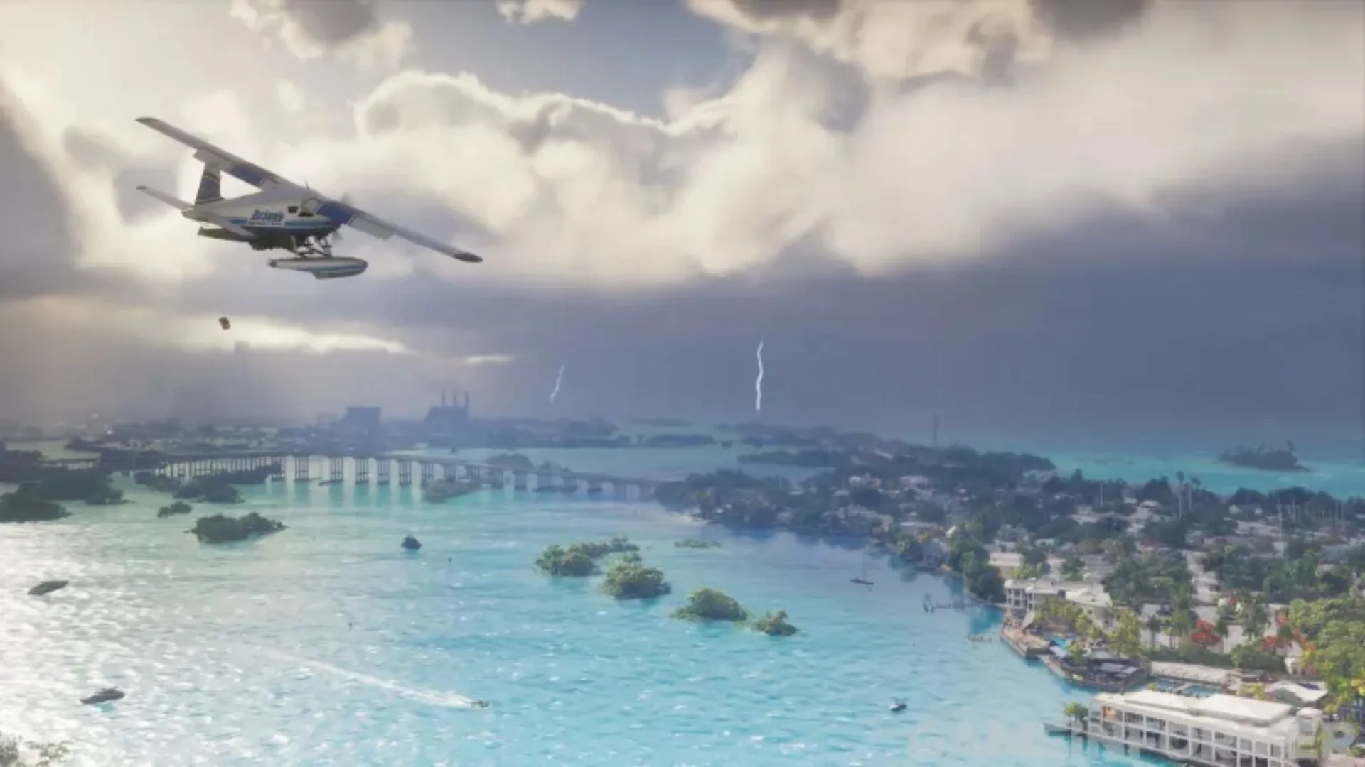 A floatplane flies over small islands and turquoise water while, in the distance, a dark storm throws lightning down onto the coast